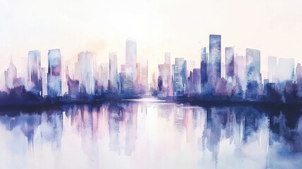 Fototapeta premium Watercolor painting of futuristic city skyline at dawn