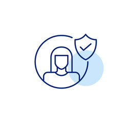 Certified membership, safe user access, authenticated profile. Female user avatar, shield and checkmark. Pixel perfect, editable stroke vector icon