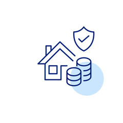 House, shield and checkmark with coins stack. Affordable real estate security and insurance. Safe mortgage payments for investment. Pixel perfect, editable stroke vector icon