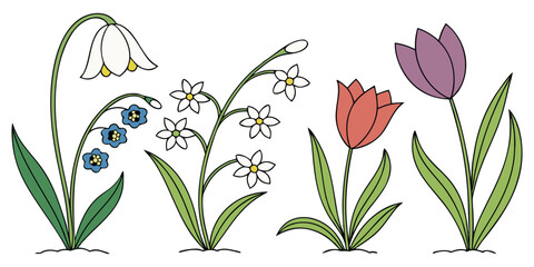 Fototapeta premium Charming collection of spring wildflowers including snowdrops tulips and forget-me-nots in a delightful flat design style