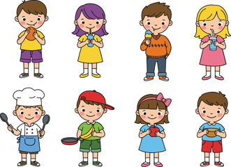 Cartoon kids eating and drinking food illustration, children enjoying snacks, ice cream, juice, burger, cute characters holding food items