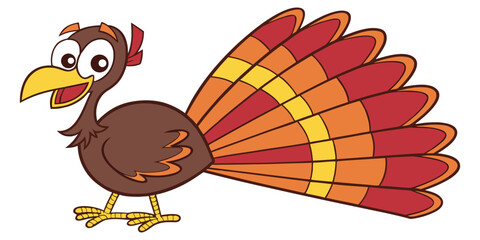 Joyful cartoon turkey with vibrant fanned tail feathers, perfect for Thanksgiving celebrations and festive designs