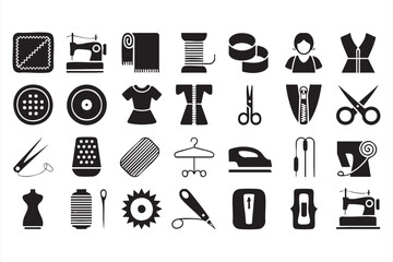 Tailoring icons collection with fabric roll, hanger, thimble, and measuring tape graphics