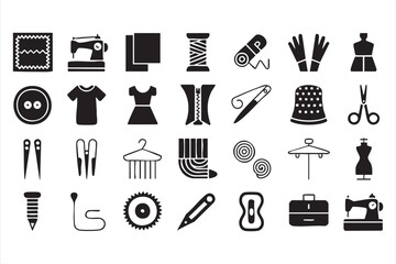 Vector illustration of fashion design icons with mannequin, scissors, and sewing machine