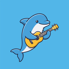 Blue cartoon dolphin stands upright, happily strumming a yellow acoustic guitar on a solid light blue background—radiating musical charm and playful energy.


