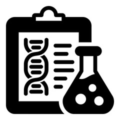 Medical and Scientific Report with DNA and Flask Vector Icon. A Comprehensive, Black and White Graphic for Health, Clinical, and Research Documentation