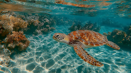 Obraz premium Green sea turtle gliding through clear ocean waters, surrounded by dappled sunlight and coral.