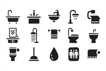 Plumbing and washroom icon pack with restroom towel and water drop graphics