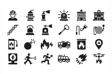 Emergency response icon pack with firetruck flames and protection symbols