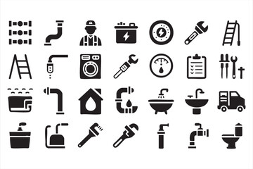 Obraz premium Plumbing icons vector set with pipes faucet sink and repair service symbols