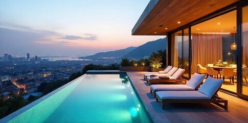 Fototapeta premium Luxury cityscape holiday villa with panoramic city views, modern design, and spacious outdoor terrace Perfect for a relaxing getaway , light, garden