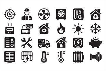 Heating and cooling vector icons with repair service and thermostat designs