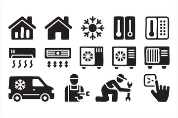 Climate control and HVAC vector icons with temperature and energy symbols