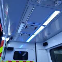 A close-up of a UV light disinfection system installed inside an ambulance, designed to kill pathogens and maintain a sterile environment.