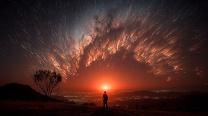 Star trails creating a radiant shower pattern above a silhouetted observer, immersed in celestial glow.