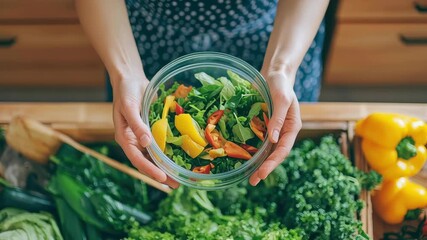 Fresh green and yellow bell pepper vegetable salad in glass bowl with leafy greens on wooden table healthy food bowl full of fresh salad vegetables - Powered by Adobe
