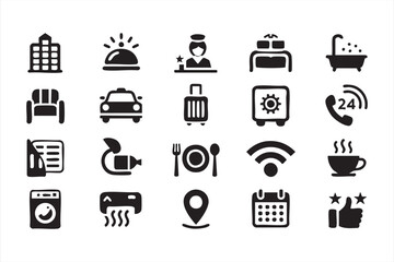 Vacation and hotel service vector set with bathtub taxi and bed illustrations