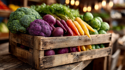 Fresh vegetables arranged in a wooden crate, showcasing vibrant colors and rustic charm.
