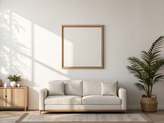 Living room with sofa, plant, and picture frame on wall