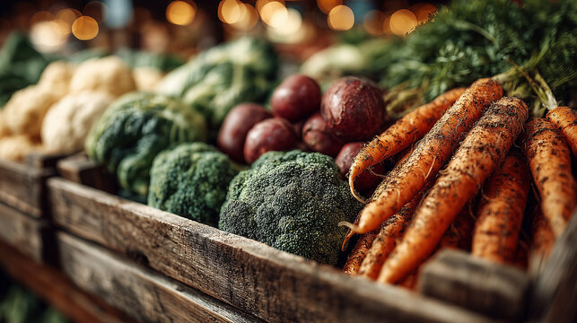Fresh vegetables arranged in a wooden crate, showcasing vibrant colors and rustic charm.