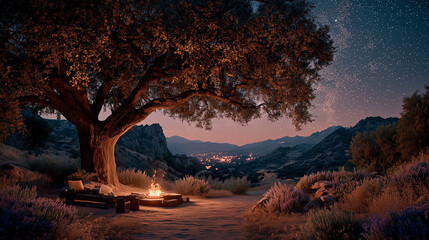 Wilderness campsite at dusk with a glowing fire under a starry night sky, evoking outdoor adventure.