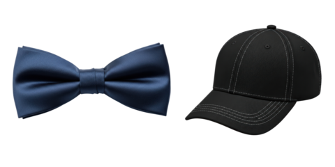 Blue bow tie and black baseball cap

