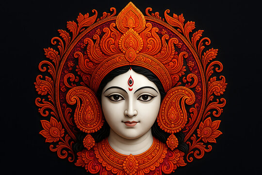 A symmetrical and intricate illustration of goddess durga's face, surrounded by an ornate paisley mandala in shades of red, celebrating the beauty of durga puja