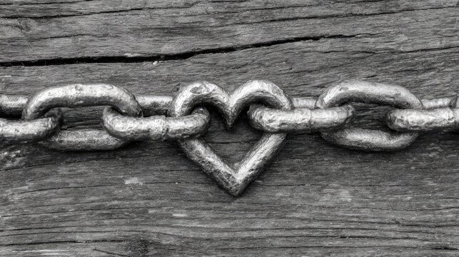 Metal chain links arranged in a heart shape on weathered wood. - Powered by Adobe