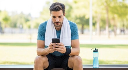 Man in athletic wear, outdoors, using a smartphone after exercise.