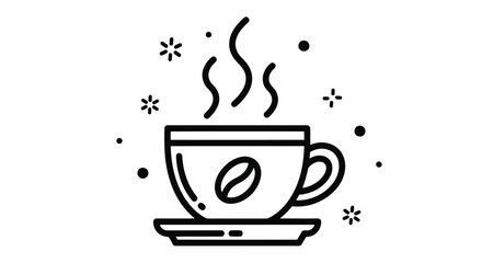 A steaming cup of coffee with a coffee bean emblem