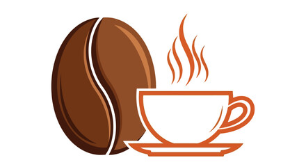 A hot cup of coffee next to a large coffee bean