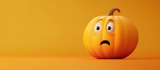 Fototapeta premium Worried cartoon pumpkin with a concerned expression on an orange background