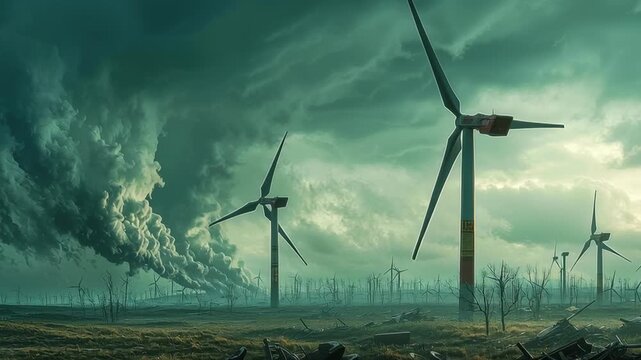 Wind turbine farm with dark stormy sky, smoke pollution, foggy field, dead trees, and scattered debris showcasing renewable energy and windmill power