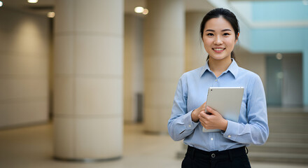Confident young Asian businesswoman using tablet in modern office building successful career professional corporate job technology digital device modern workplace happy smile