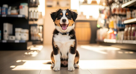 Adorable Australian Shepherd Puppy at Pet Store Happy Dog Smiling Pet Shop Supplies Animal Care Small Dog Breed Canine Friend Loyal Companion Pet Products