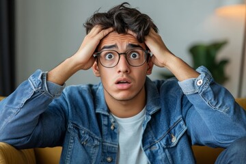 Young Hispanic man holding his head in worry, sitting on the sofa in front of the laptop at home, looking at the screen with concern or confusion, Generative AI