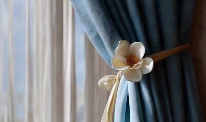  bright sky-blue curtains tied back with a large cream-colored flower-shaped tieback, positioned near a sunlit window, soft natural daylight streaming through, delicate fabric texture details