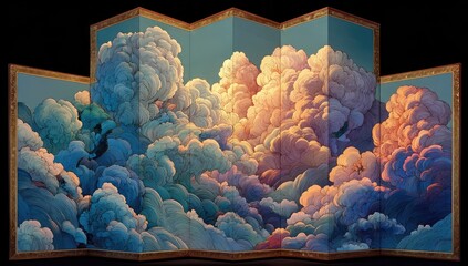 Multi-panel artwork depicting swirling clouds.  Golden frame surrounds panels of varying hues.  Soft pastel colors blend into deep blues and  warm oranges.  