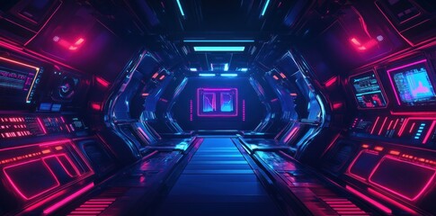 Neon Futuristic Spaceship Corridor: A Cyberpunk Vision