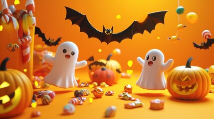 Festive halloween scene with pumpkins ghosts bats and colorful candy treats