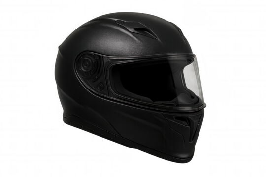 Black motorcycle helmet providing protection and sleek design, photographed in studio setting against transparent backdrop