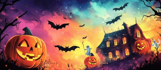 Spooky halloween night with haunted house pumpkins bats and a friendly ghost