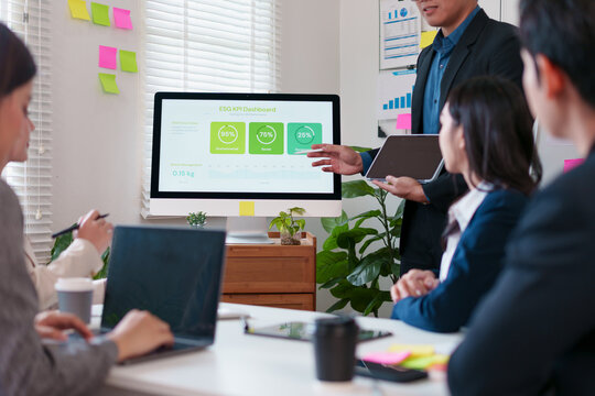Team meeting in modern office with presenter pointing at ESG KPI dashboard on desktop monitor, collaborative discussion and focused colleagues engaged in strategy planning - Powered by Adobe