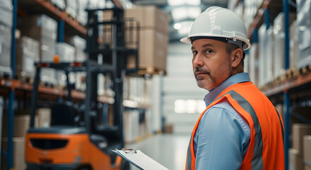 Warehouse manager overseeing operations safety checklist logistics inventory management supply chain worker industrial worker hardhat forklift warehouse worker