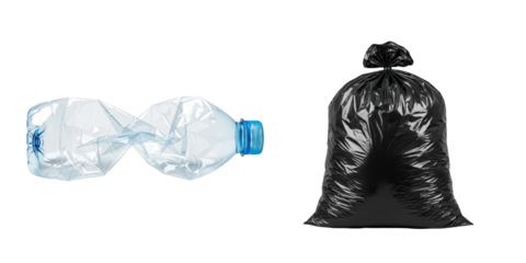 Crushed plastic bottle and garbage bag
