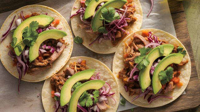 Appetizing tacos filled with shredded meat, avocado slices, red onions, and fresh cilantro on a rustic wooden board