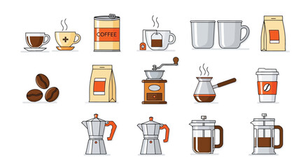 Collection of coffee related items including cups, beans, bags, and brewing equipment
