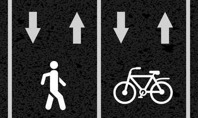 Fototapeta na wymiar two way bike and pedestrian road markings, city street symbols, white bicycle walking man path painted asphalt, safe moving lane, arrows direction sign