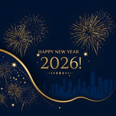 Happy New Year 2026 Celebration with Fireworks and City Silhouette