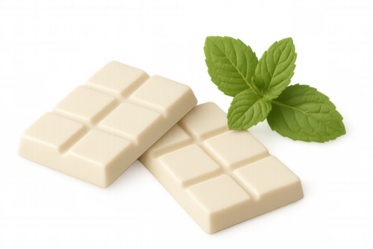 Two white chocolate bars with fresh mint leaves isolated on a transparent background, ideal for food and dessert-related projects